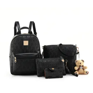 Women Fashion Casual Bear Pendant Backpack Four-Piece Bag Set PU Zipper Medium Soft