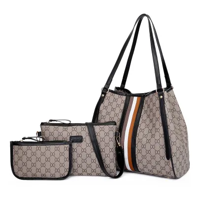 Women Fashion Casual Printed Stripe PU Tote Bag Three-Piece Set