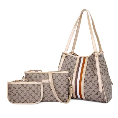 Women Fashion Casual Printed Stripe PU Tote Bag Three-Piece Set