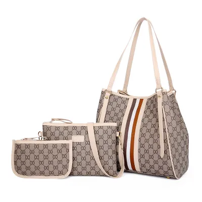 Women Fashion Casual Printed Stripe PU Tote Bag Three-Piece Set