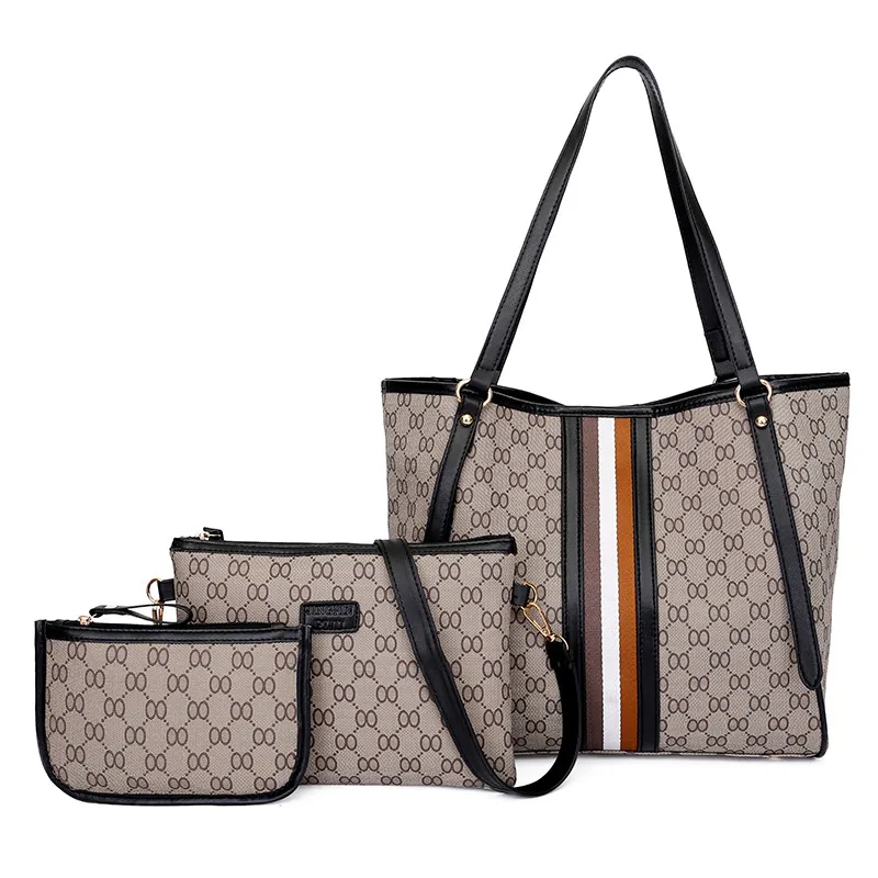 Women Fashion Casual Printed Stripe PU Tote Bag Three-Piece Set