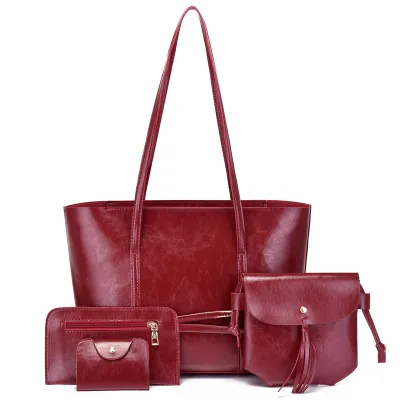 Women Fashion Casual Solid Color Large Capacity PU Tote Bag Four-Piece Set