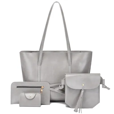 Women Fashion Casual Solid Color Large Capacity PU Tote Bag Four-Piece Set