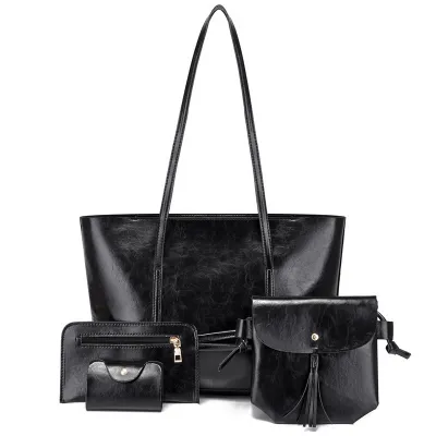 Women Fashion Casual Solid Color Large Capacity PU Tote Bag Four-Piece Set