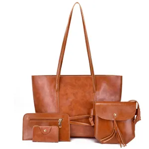 Women Fashion Casual Solid Color Large Capacity PU Tote Bag Four-Piece Set
