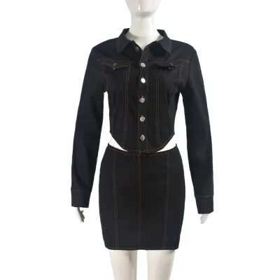 Women Fashion Sexy Solid Color Lapel Long-Sleeve T-Shirt Tight Skirt Two-Piece Set