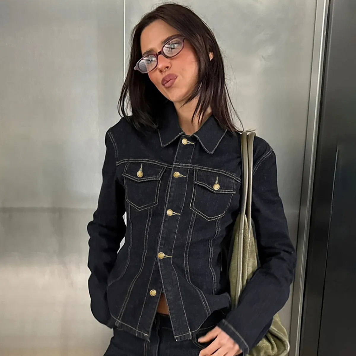 Women Casual Wash Stitching Lapel Long-Sleeve Denim Jacket