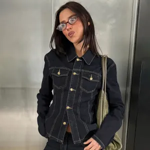Women Casual Wash Stitching Lapel Long-Sleeve Denim Jacket