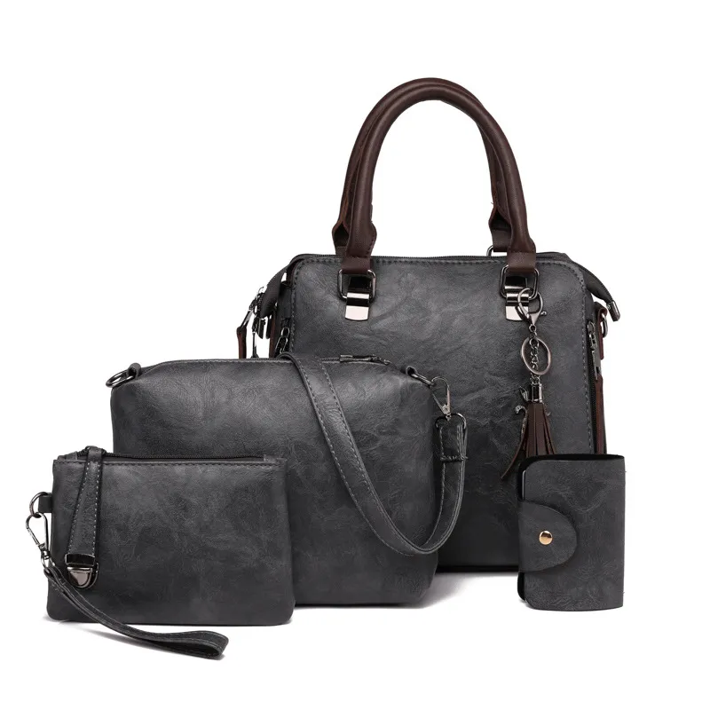 Women Casual Retro Solid Color PU Handbag Four-Piece Bag Set