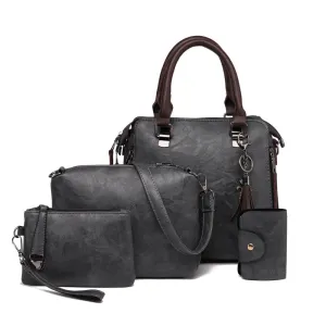 Women Casual Retro Solid Color PU Handbag Four-Piece Bag Set