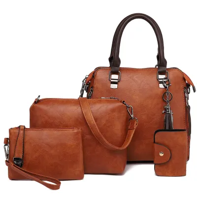 Women Casual Retro Solid Color PU Handbag Four-Piece Bag Set