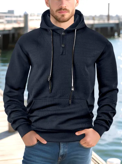 Men Fashion Casual Autumn Solid Color Jacquard Long Sleeve Loose Hoodies