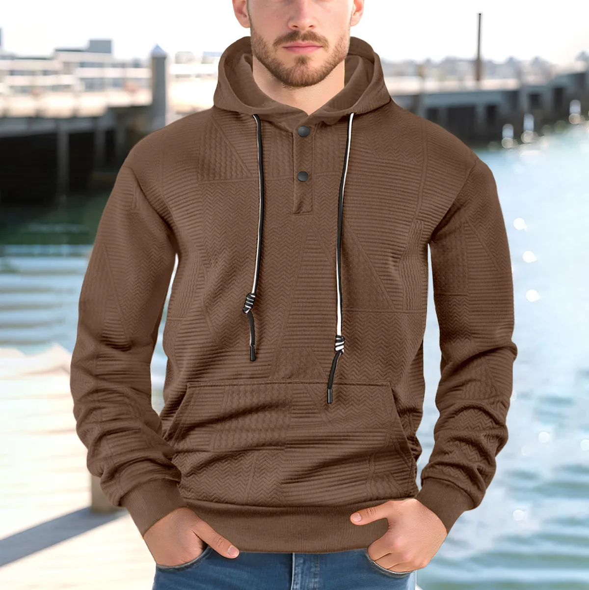 Men Fashion Casual Autumn Solid Color Jacquard Long Sleeve Loose Hoodies
