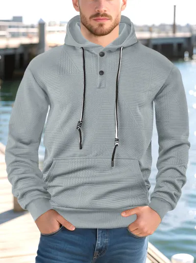 Men Fashion Casual Autumn Solid Color Jacquard Long Sleeve Loose Hoodies