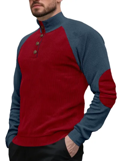 Men Fashion Casual Autumn Color Block Corduroy Stand Neck Long Sleeve Sweatshirt