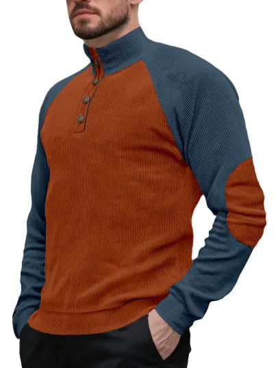 Men Fashion Casual Autumn Color Block Corduroy Stand Neck Long Sleeve Sweatshirt