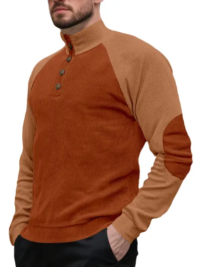 Men Fashion Casual Autumn Color Block Corduroy Stand Neck Long Sleeve Sweatshirt