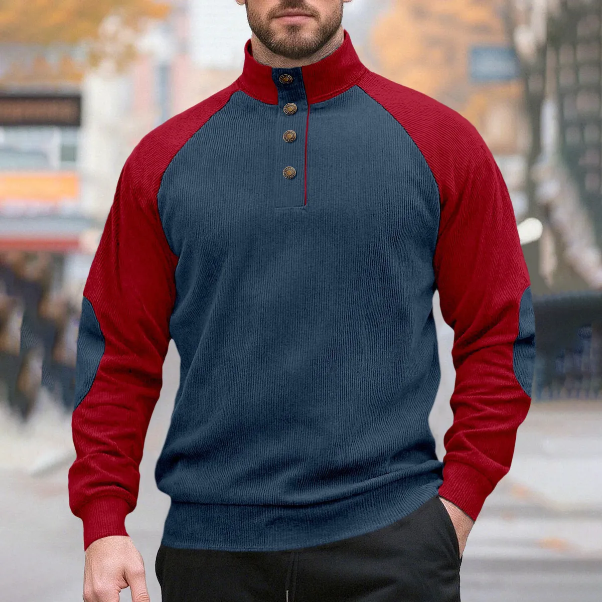 Men Fashion Casual Autumn Color Block Corduroy Stand Neck Long Sleeve Sweatshirt