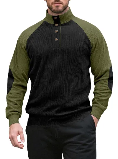 Men Fashion Casual Autumn Color Block Corduroy Stand Neck Long Sleeve Sweatshirt