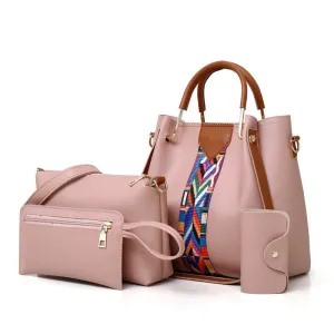 Women Fashion Retro Handbag Four-Piece PVC Bucket Bag Set with Adjustable Shoulder Strap