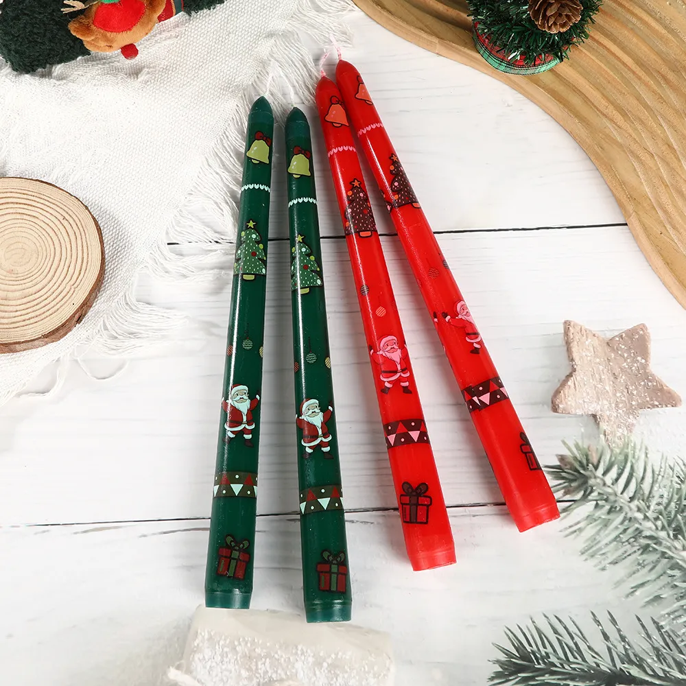 Christmas Multicolor Printed Long Rod Candle 2pcs Set Cylindrical Soybean Wax