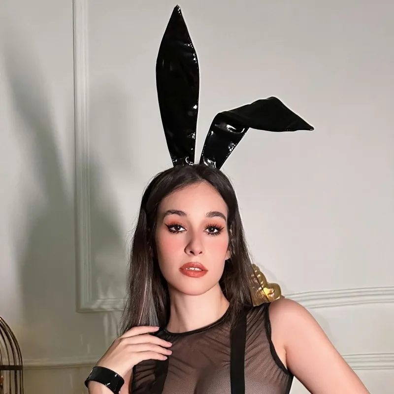 Women Cute Solid Color Leather Bunny Headband Sexy Lingerie Accessories