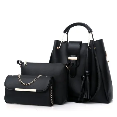 Women Fashion Casual Solid Color Beaded Tassel Handbag Three-Piece Bag Set
