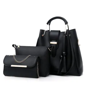 Women Fashion Casual Solid Color Beaded Tassel Handbag Three-Piece Set