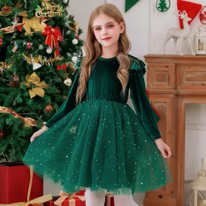 Kids Girls Fashion Christmas Mesh Sequins Ruffled Long Sleeve Dress