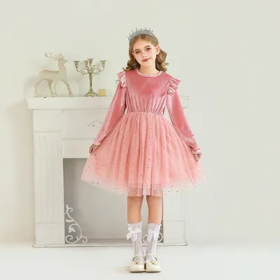 Kids Girls Fashion Christmas Mesh Sequins Ruffled Long Sleeve Dress