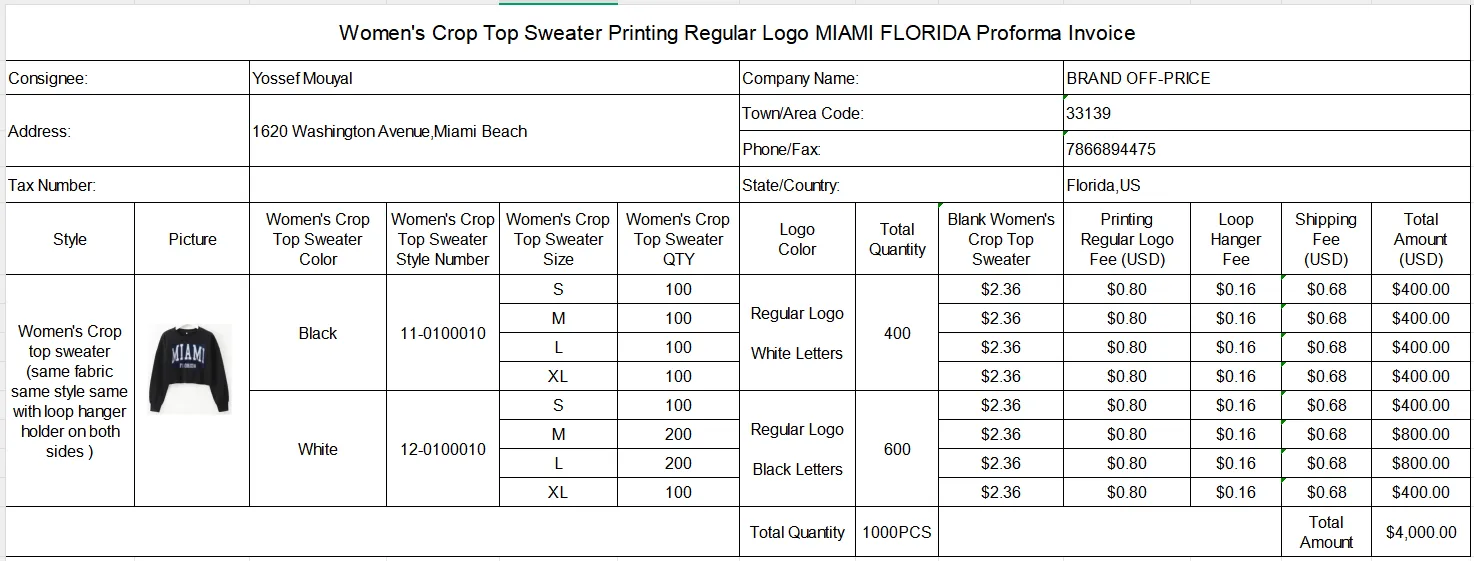Women Crop Top Sweater With Loop Hanger Holder On Both Sides Printing Regular Logo MIAMI FLORIDA