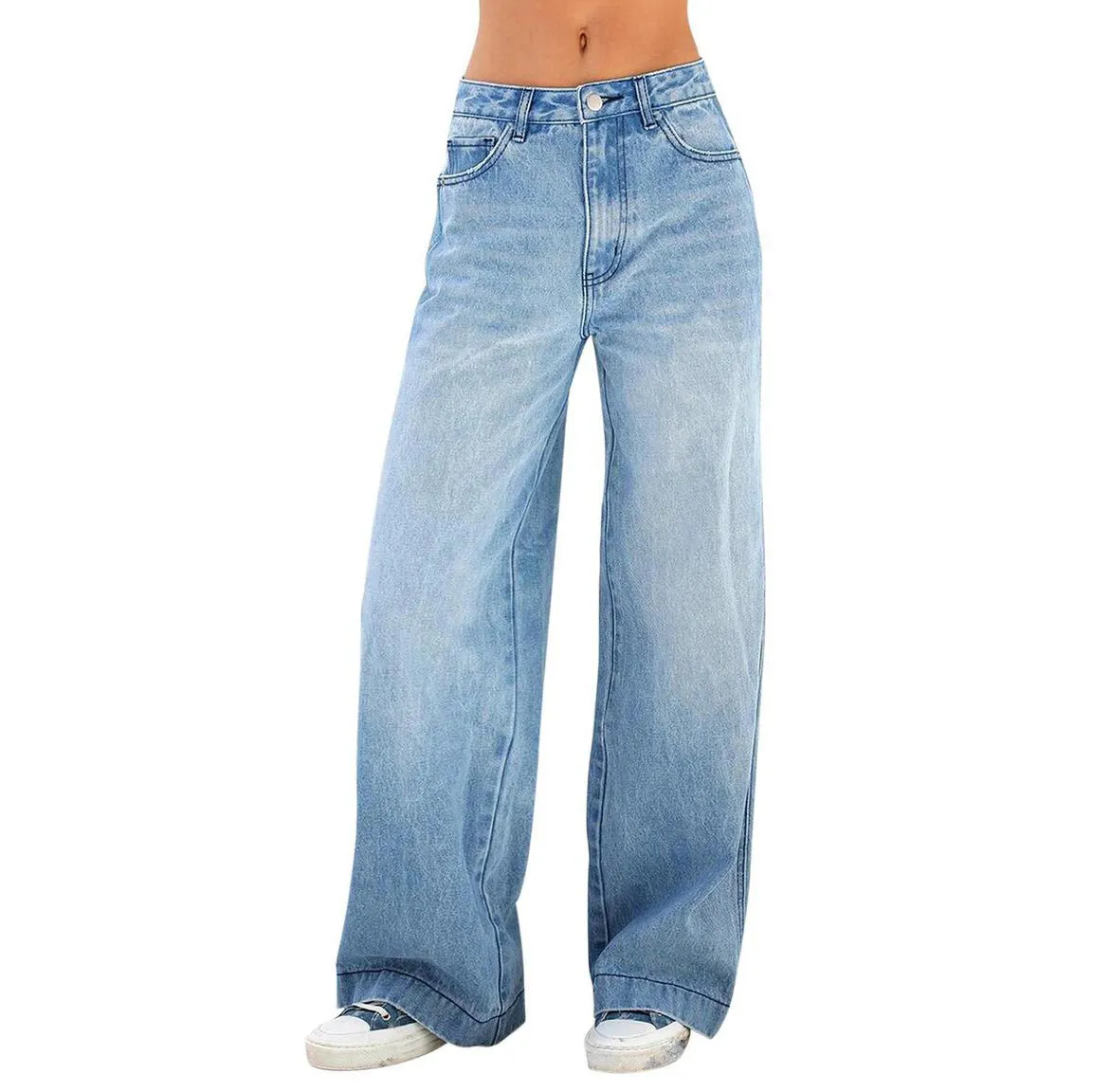 Women Casual Solid Color High Waist Wide Leg Loose Jeans