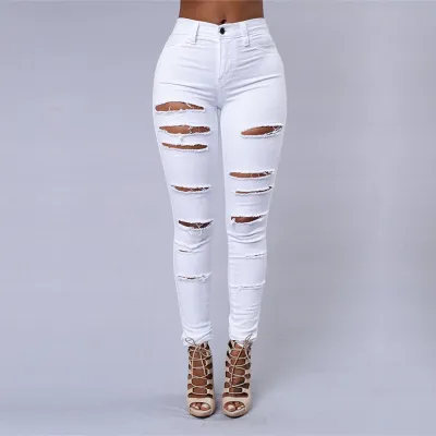 Women Fashion Sexy Solid Color Ripped High-Waist Slim-Fit Stretch Jeans