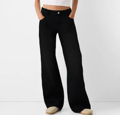 Women Fashion Casual Simple Solid Color Loose Wide Leg Cotton Jeans