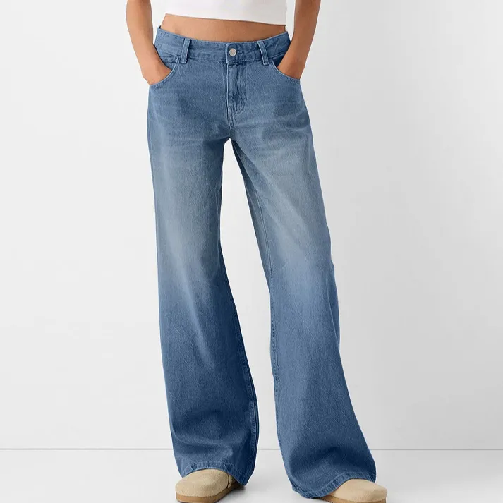 Women Fashion Casual Simple Solid Color Loose Wide Leg Cotton Jeans