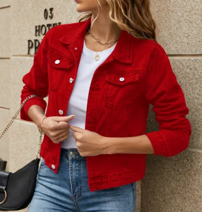 Women Casual Solid Color Lapel Long-Sleeve Slim-Fit Denim Jacket