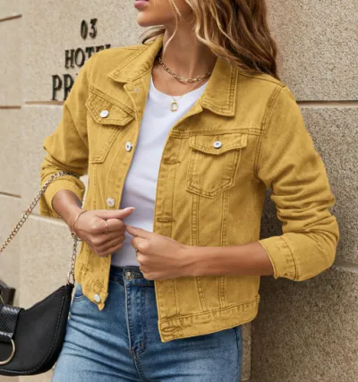 Women Casual Solid Color Lapel Long-Sleeve Slim-Fit Denim Jacket