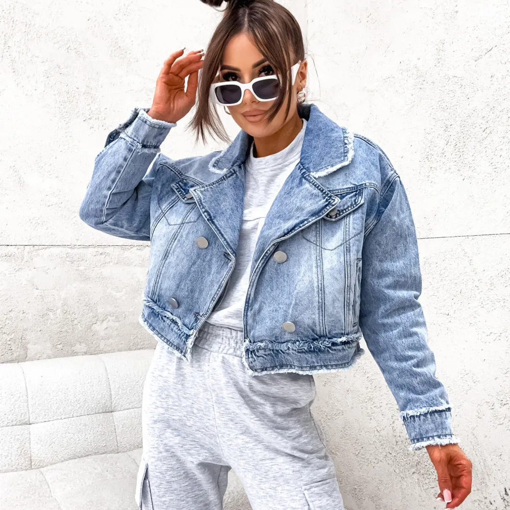 Women Casual Ripped Denim Jacket Long Sleeve Loose Fit