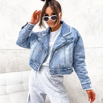 Women Casual Ripped Denim Jacket Long Sleeve Loose Fit