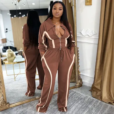 Women Fashion Athleisure Autumn Winter Contrast Color Long-Sleeve Cardigan Loose Pants Two-Piece Set