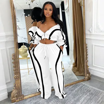 Women Fashion Athleisure Autumn Winter Contrast Color Long-Sleeve Cardigan Loose Pants Two-Piece Set