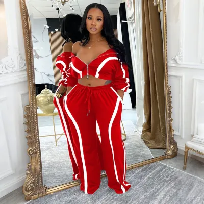 Women Fashion Athleisure Autumn Winter Contrast Color Long-Sleeve Cardigan Loose Pants Two-Piece Set