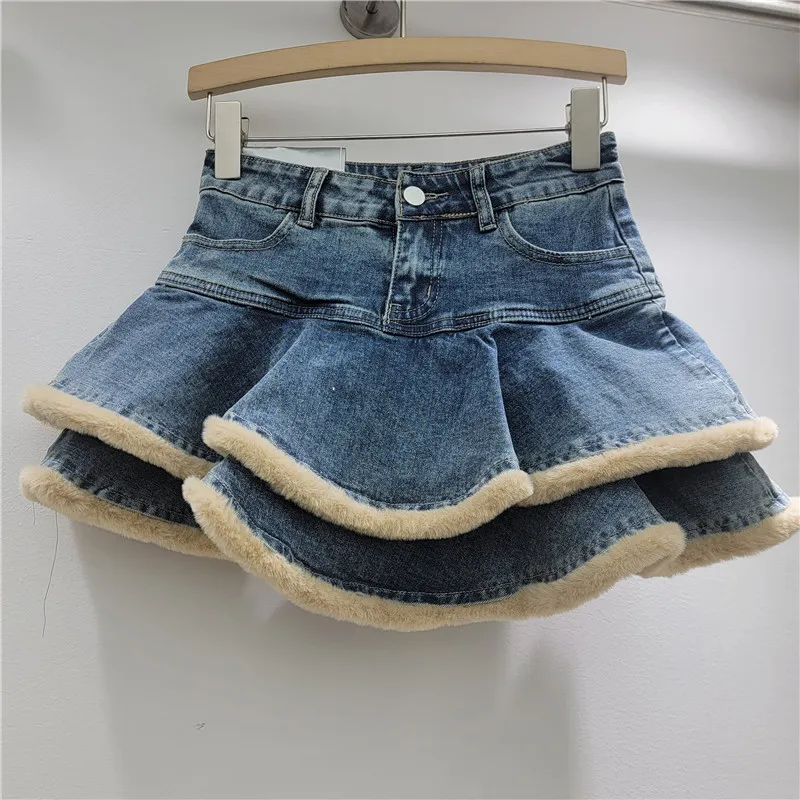Women Fashion Sexy Solid Color Plush Stitching Pleated Denim Tutu Short Skirt