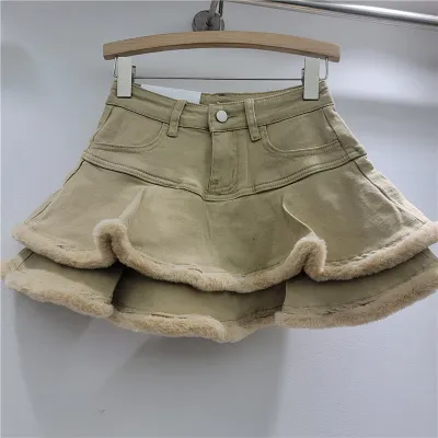 Women Fashion Sexy Solid Color Plush Stitching Pleated Denim Tutu Short Skirt