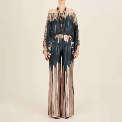 Women Casual Printed Off-Shoulder Bat Sleeve Blouse Wide Leg Pants Two-Piece Set