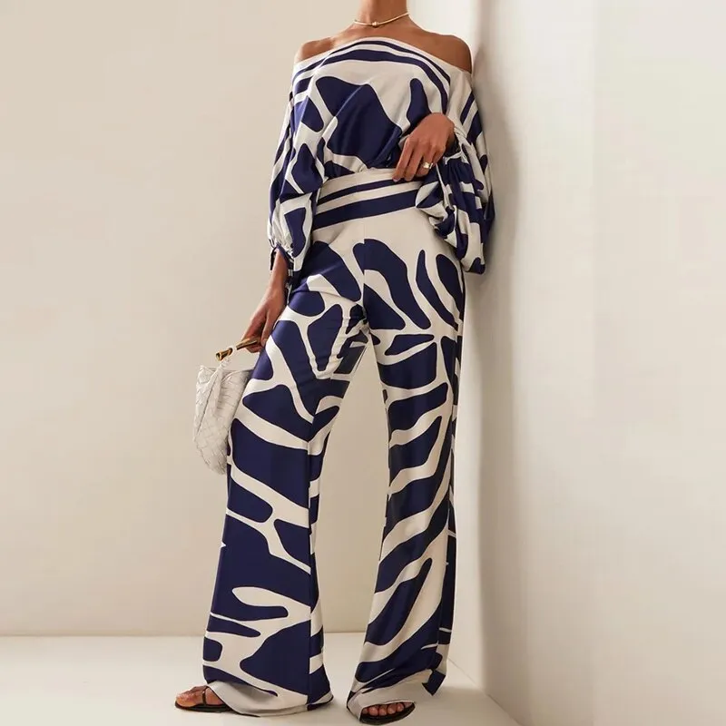 Women Casual Printed Off-Shoulder Bat Sleeve Blouse Wide Leg Pants Two-Piece Set