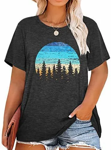 Women Fashion Casual Plus Size Printed Round-Neck Short-Sleeve T-Shirt