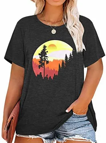 Women Fashion Casual Plus Size Printed Round-Neck Short-Sleeve T-Shirt