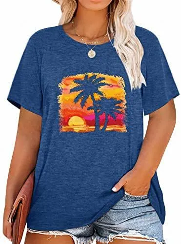 Women Fashion Casual Plus Size Printed Round-Neck Short-Sleeve T-Shirt
