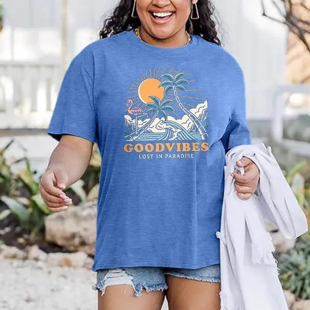 Women Fashion Casual Plus Size Printed Round-Neck Short-Sleeve T-Shirt